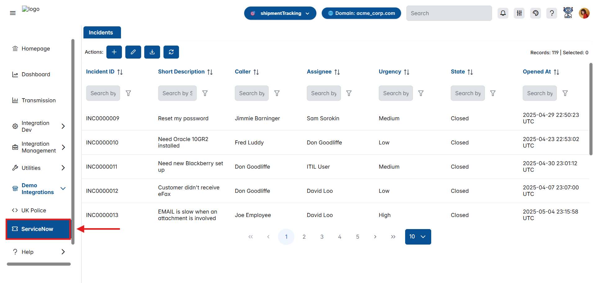 ServiceNow Incidents List